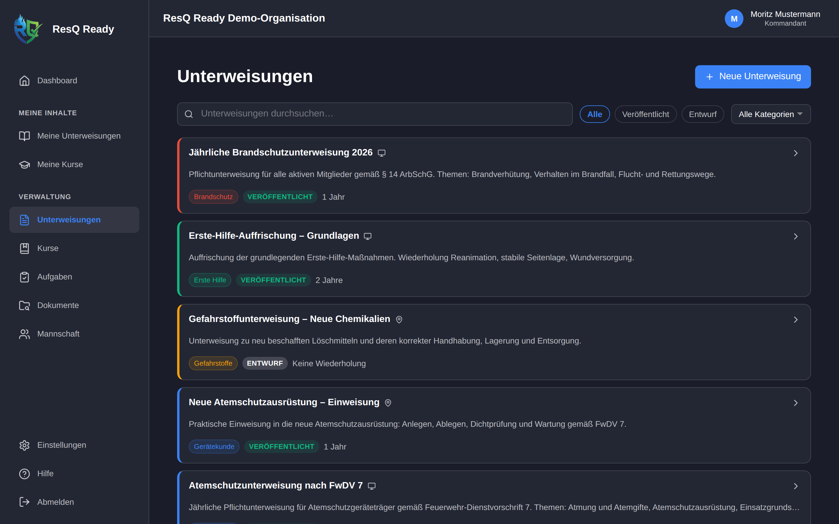 Unterweisungs-Übersicht mit Pflicht-Themen, Status und neuer Unterweisung