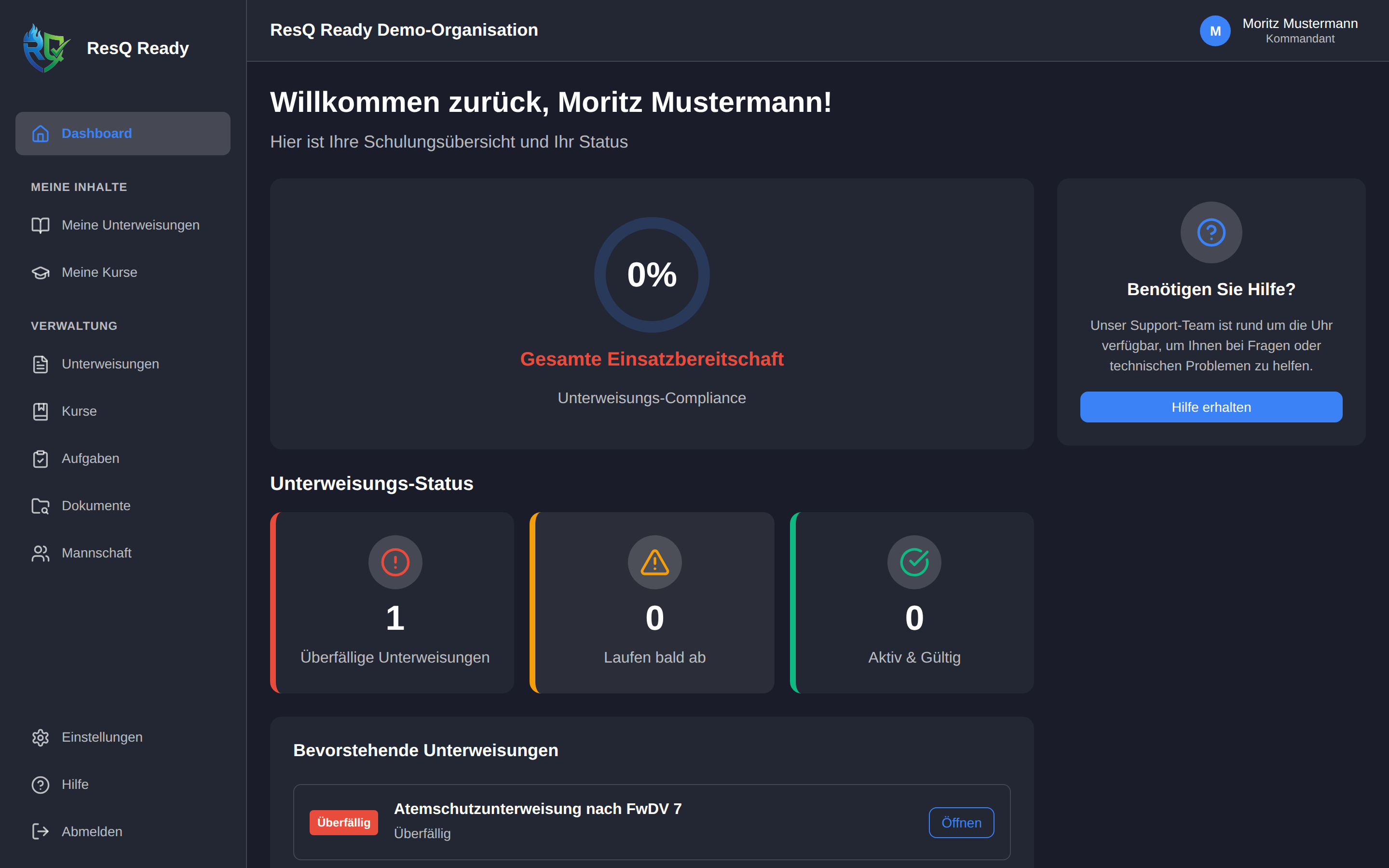 Kommandanten-Dashboard mit Readiness-Score, Unterweisungs-Status und bevorstehenden Fälligkeiten