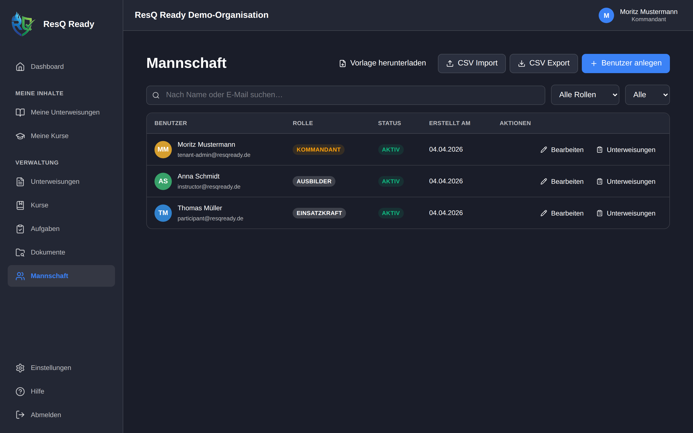 Team-Übersicht mit Rollen-Badges, CSV-Import und Zuweisungs-Aktion